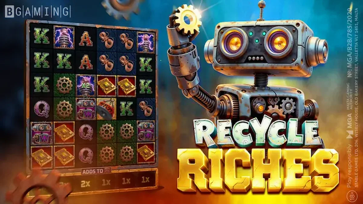 Tampilan visual futuristik dari slot The Recycle Riches dengan robot dan tumpukan barang rongsokan.